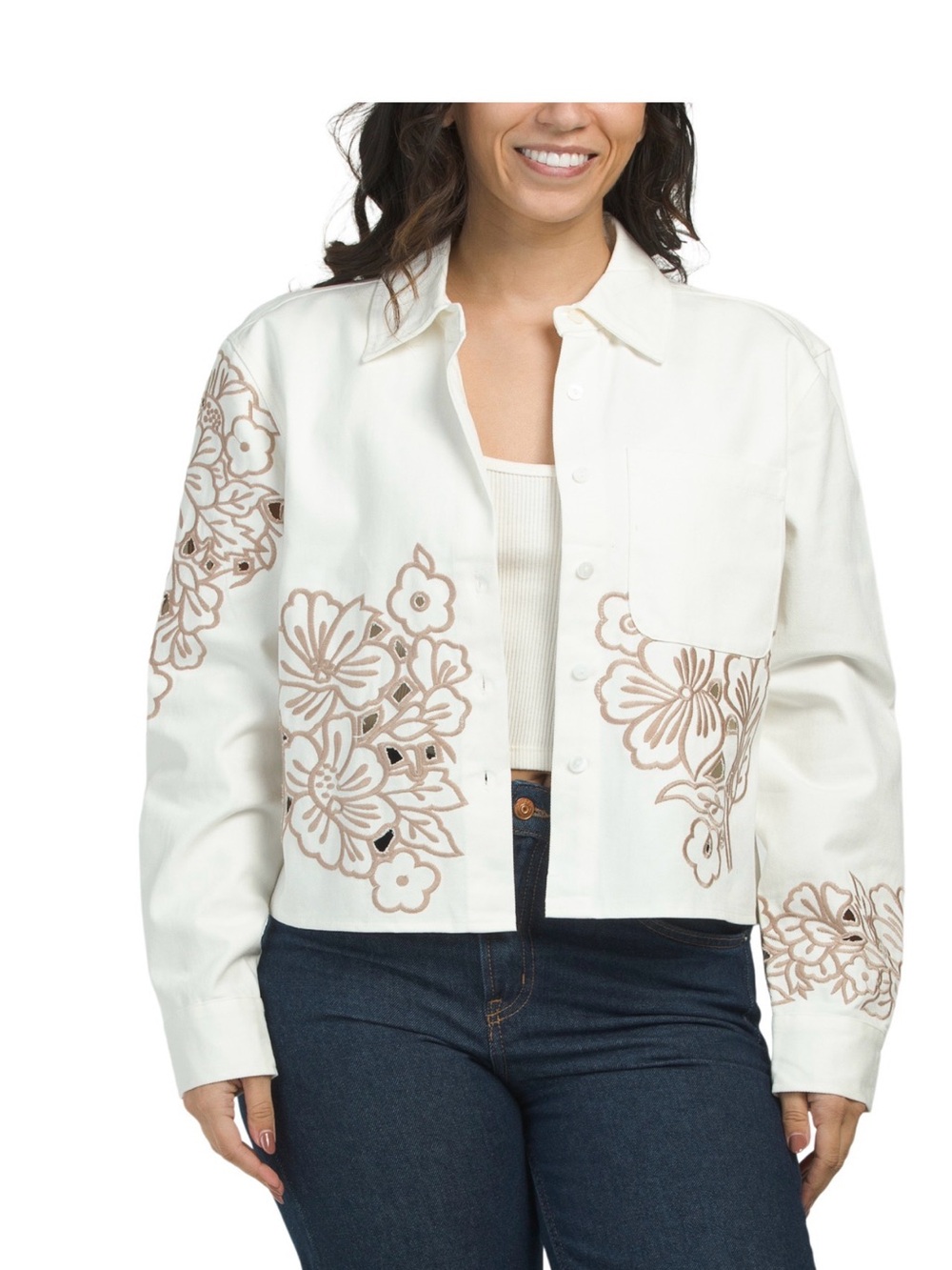 Solitaire White Jacket with Beige Floral Cutwork